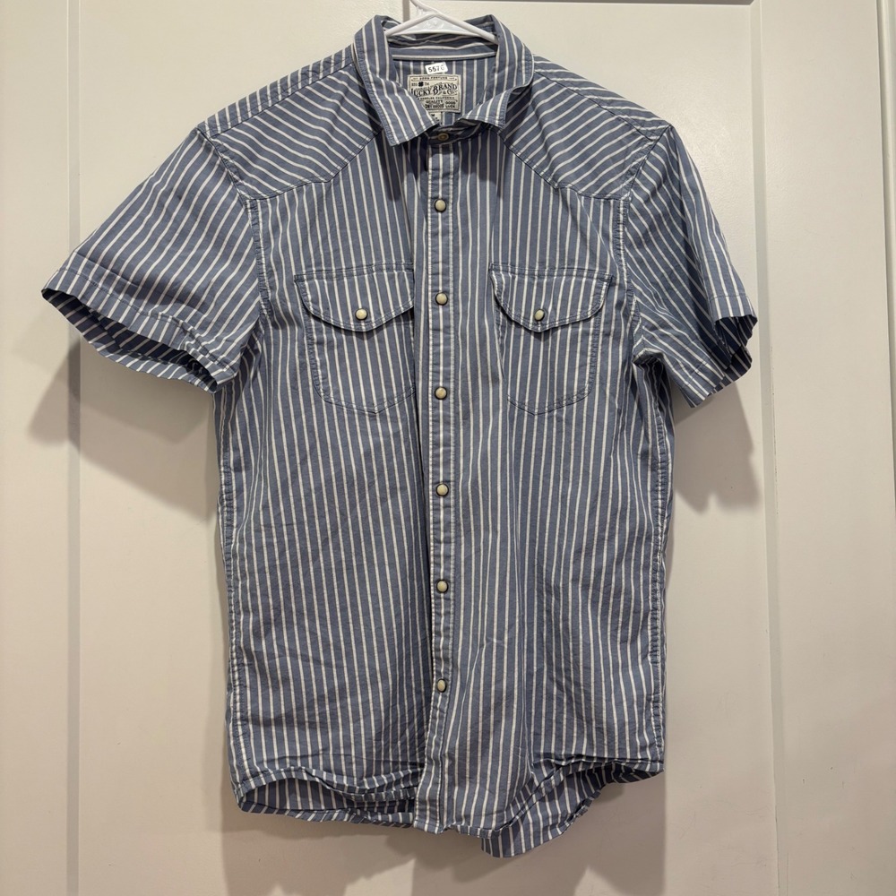 Lucky Brand Mens Blue White Striped Short Sleeve Western Pearl Snap Shirt Size M